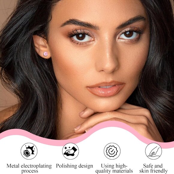 Pink Cubic Zirconia Titanium Flat Back Stud Earrings for Women, Hypoallergenic, - Picture 3 of 7